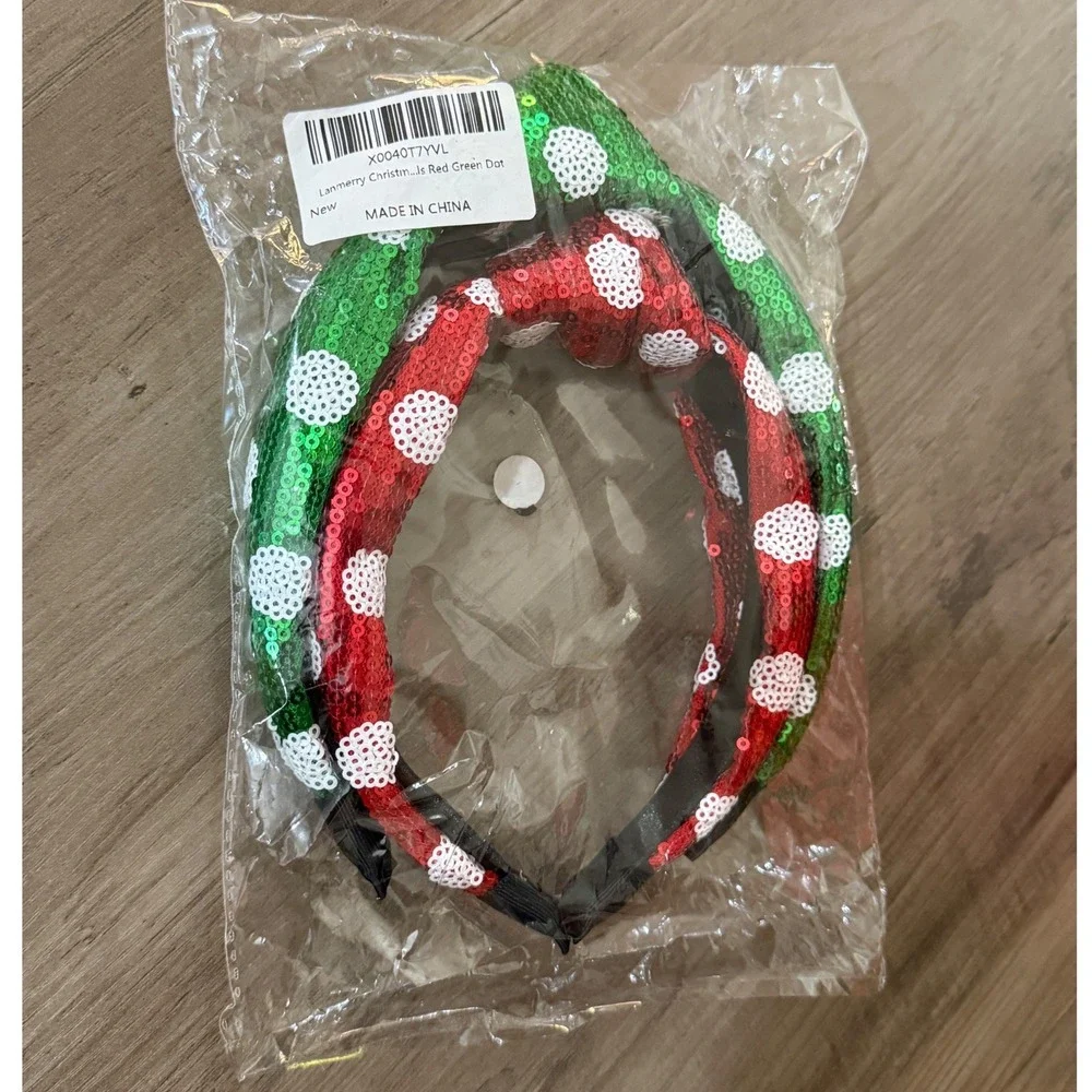 Lanmerry Christmas Sequin Knotted Headband Set Red Green Polka Dot 2 Pack NEW